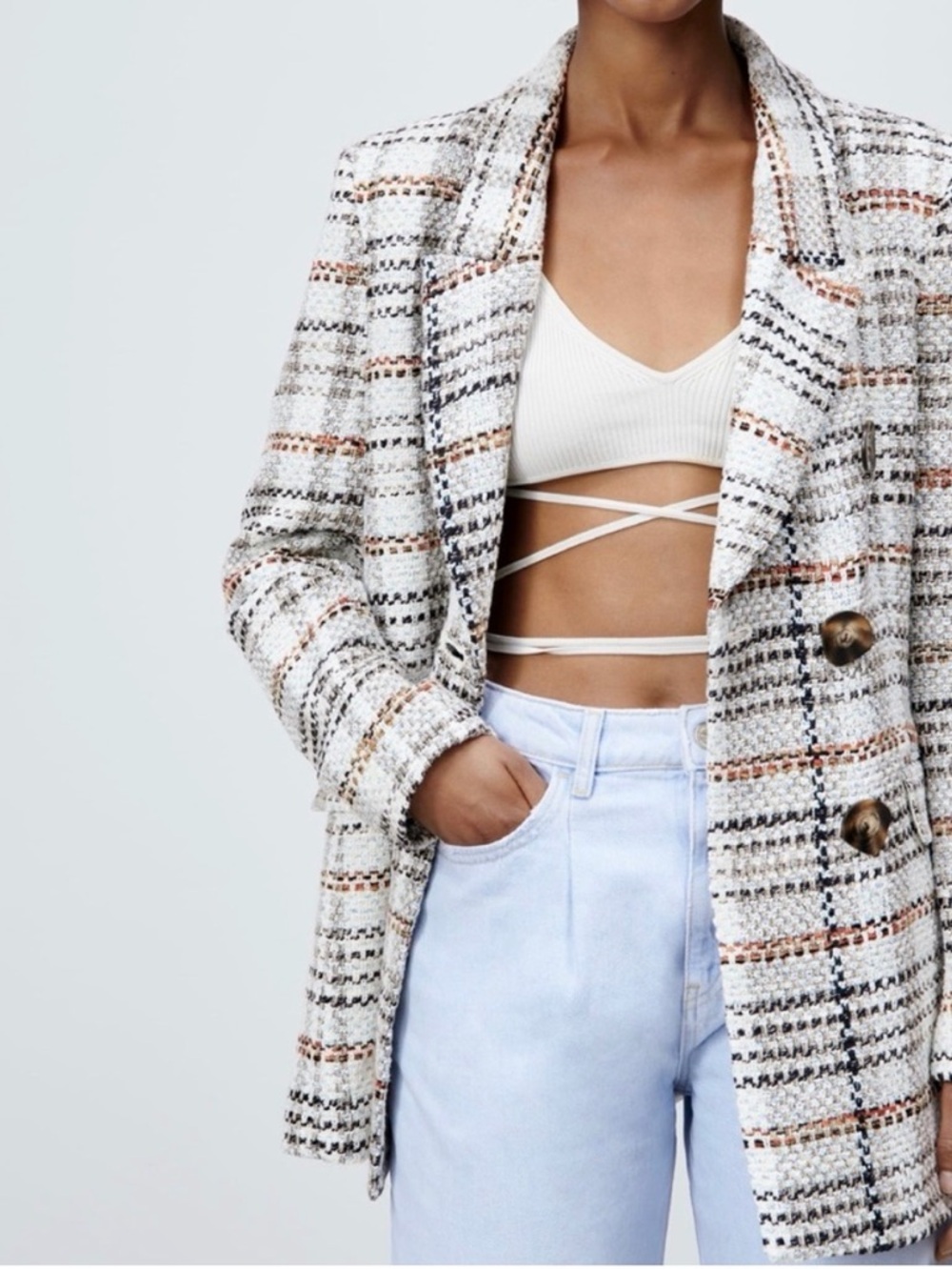 Zara women's Textured Plaid Blazer Sz Large cream brown